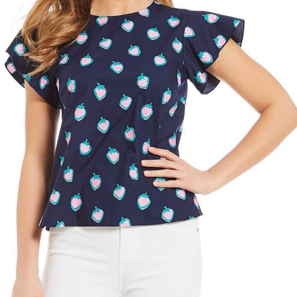 Draper James Navy Blouse with Strawberry Print
